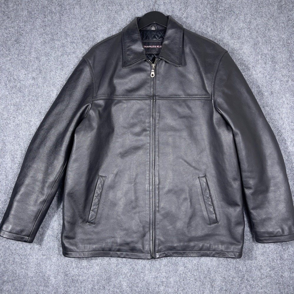 Charles Klein Leather Jacket Mens Large Black Quilted Lined Full Zip Bomber